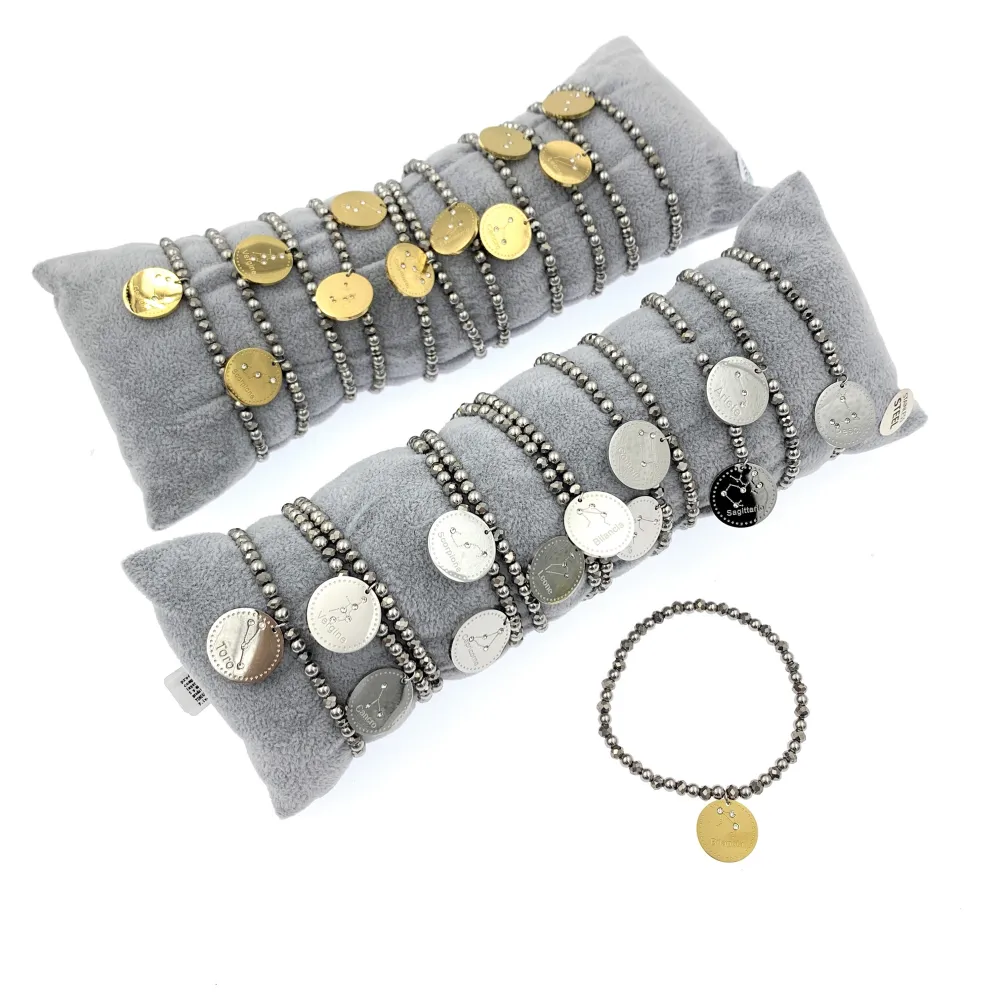 12Pz Bracciali Elastici in Acciaio+Cuscino in Omaggio - BPA413-2259-Segno Zodiacale-12 Pz Bracciali in Acciaio