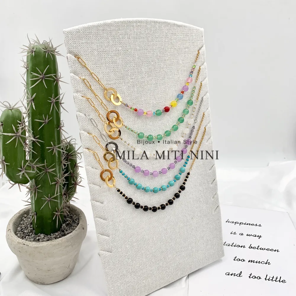 Pietre Colorate Doppio Cerchio-Collana Corta in Acciaio - CAC-103-AA149N