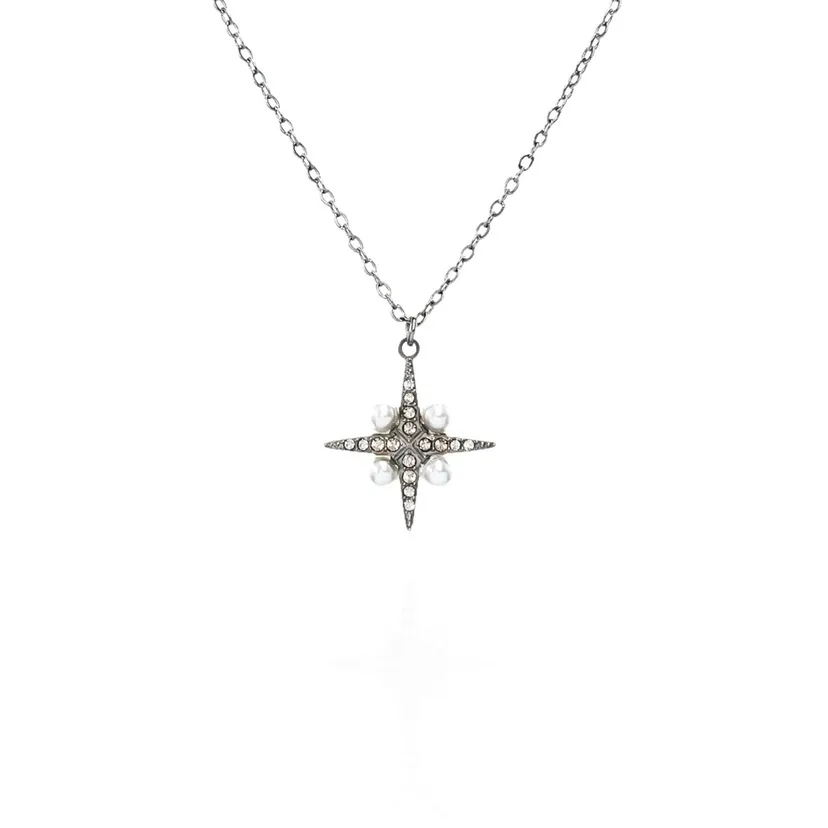 Croce Stella con Perla-Collana Corta in Acciaio - CAC-103-AA192N