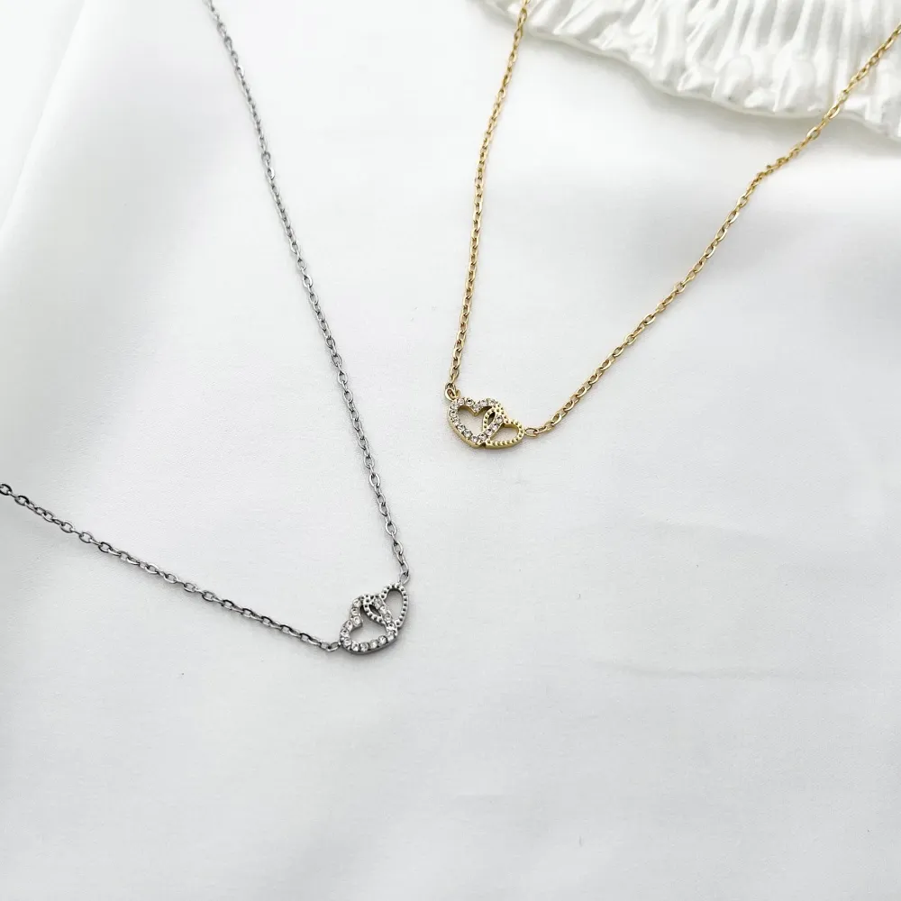 Doppio Cuore con Zirconia-Collana Corta in Acciaio - CAC-103-AA580N