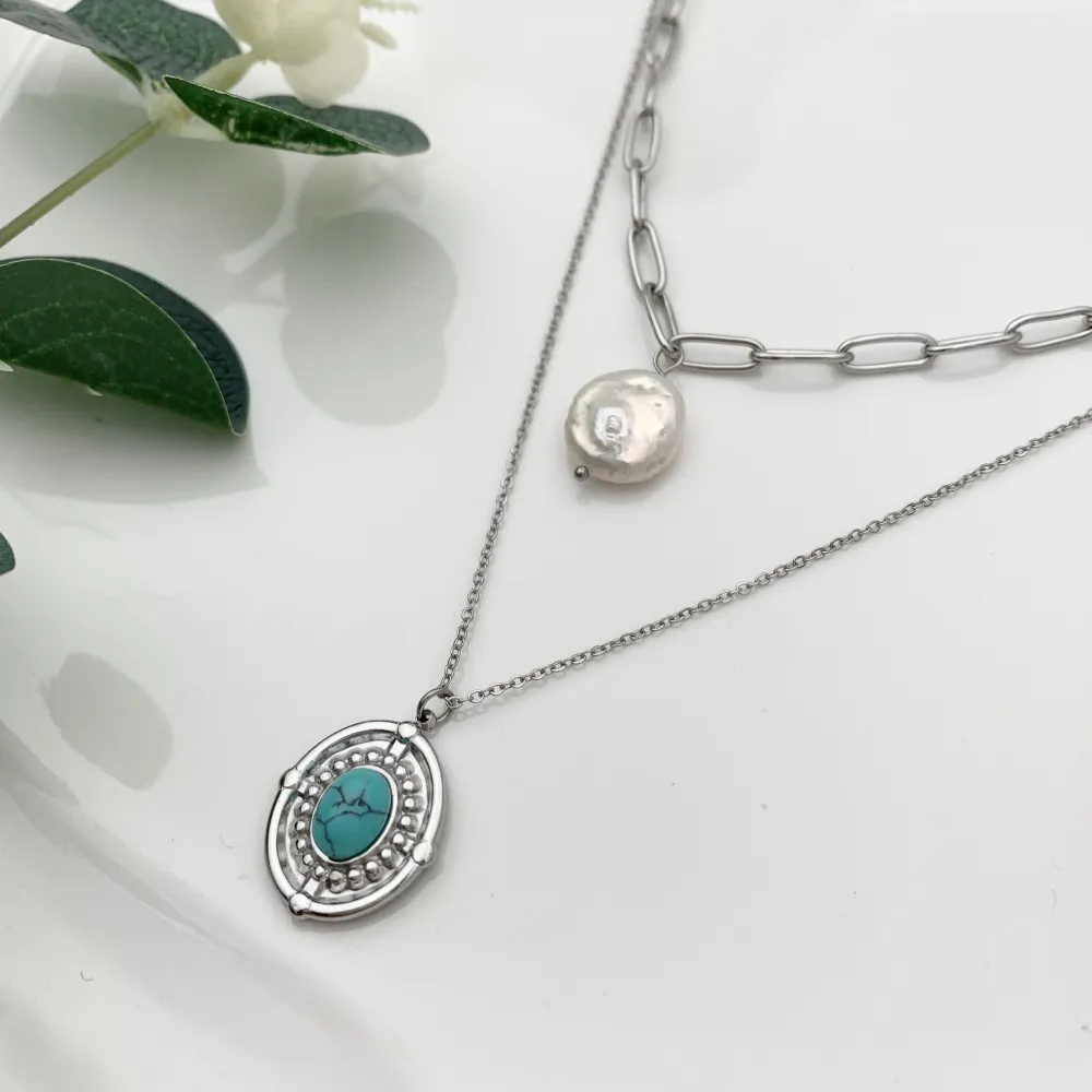 CAC-Perla e Ovale - Collana Corta doppio filo in Acciaio - CAC-104-139