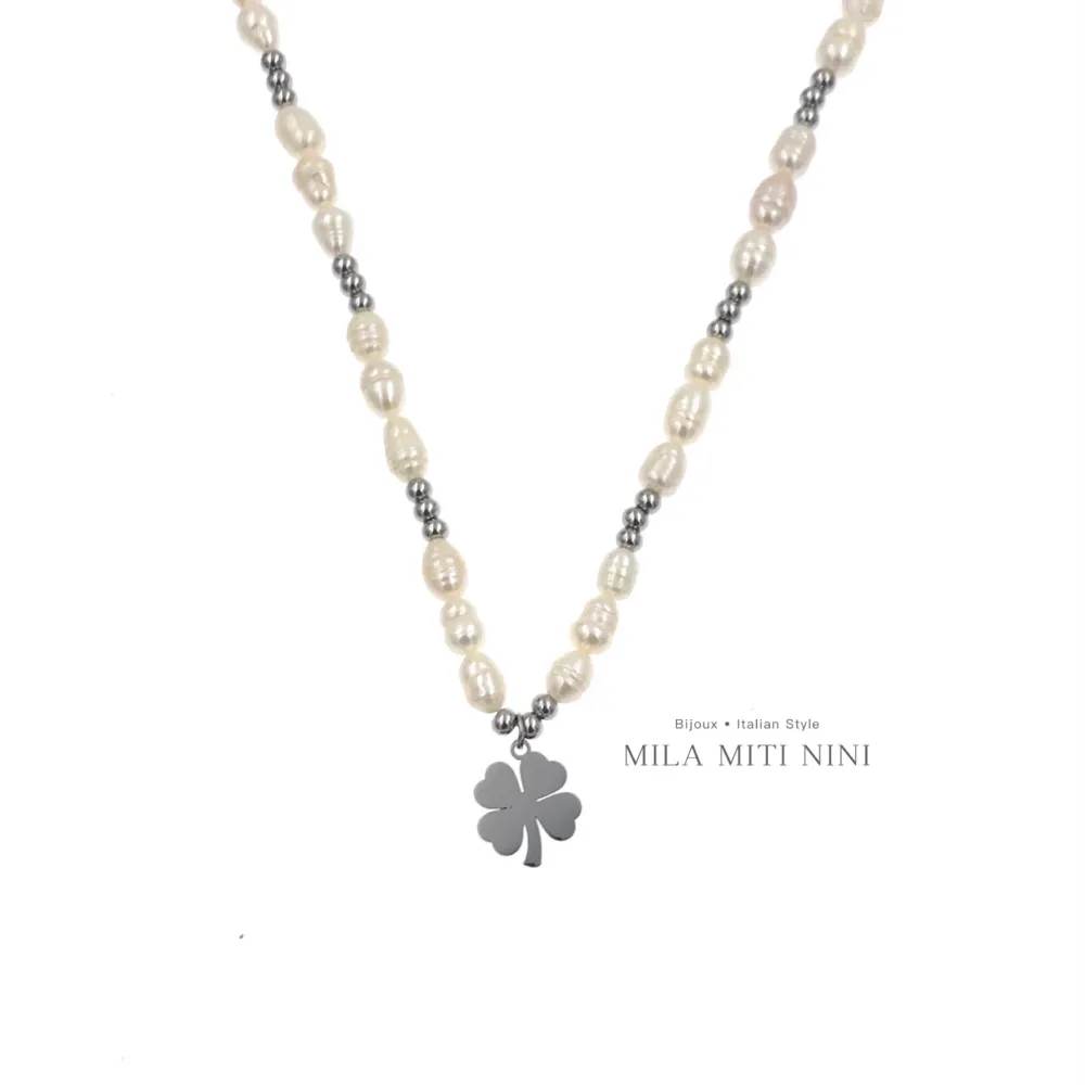 Perla con Quadrifoglio-Collana Corta in Acciaio - CAC-176-454B