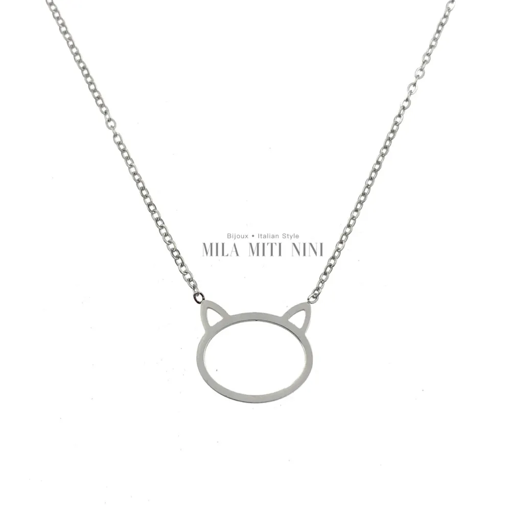 CAC413-1585-Gatto-Collana Corta in Acciaio - CAC413-1585-Gatto-Collana Corta in Acciaio