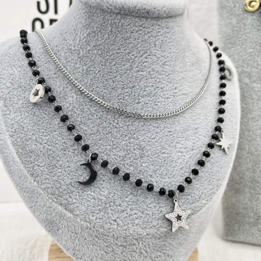 Cristalli Neri Stella Luna  -Collana Corta in Acciaio - CAC-413-1832