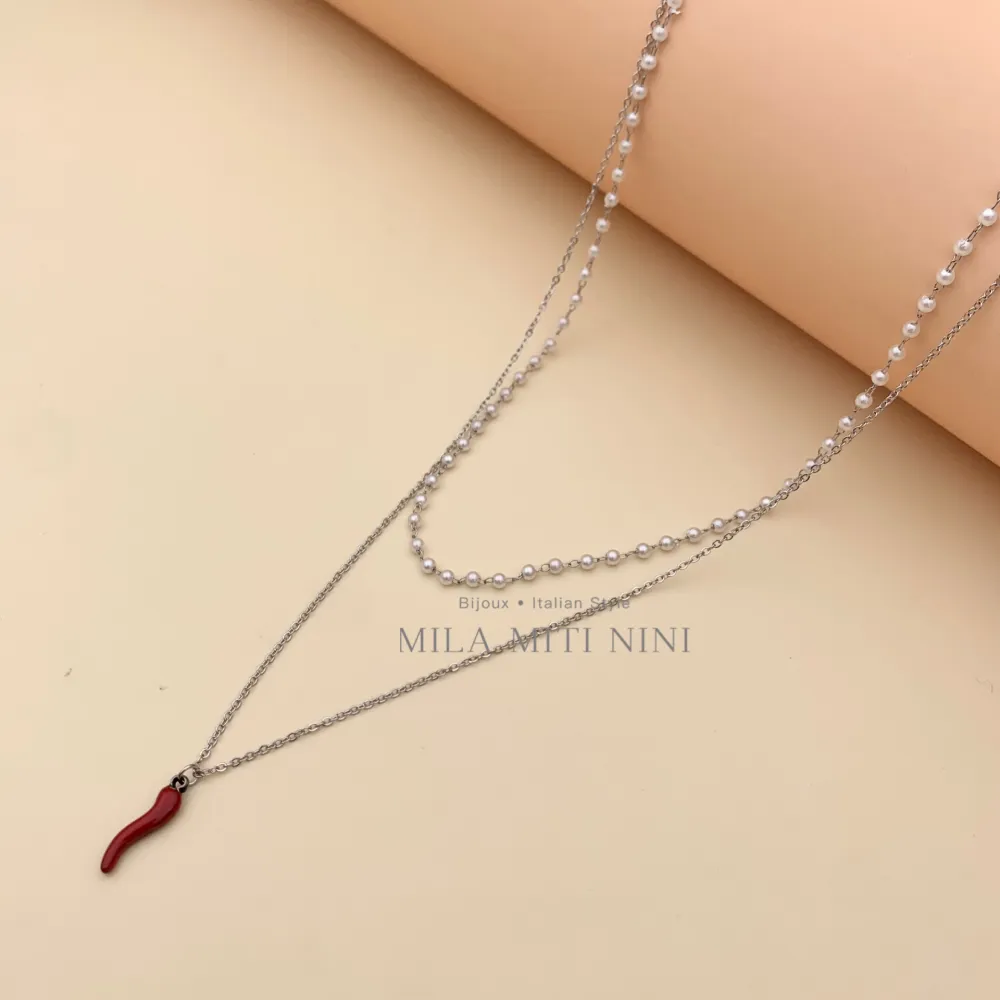 Doppio con Perla e Cornino-Collana Corta in Acciaio - CAC413-2043