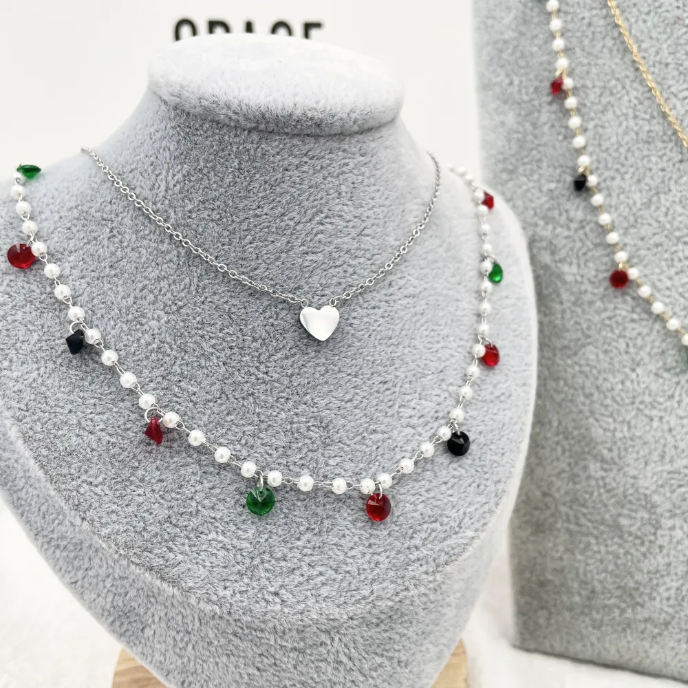 Doppio Catena Perla Zirconia e Cuore -Collana Corta in Acciaio - CAC-413-2056