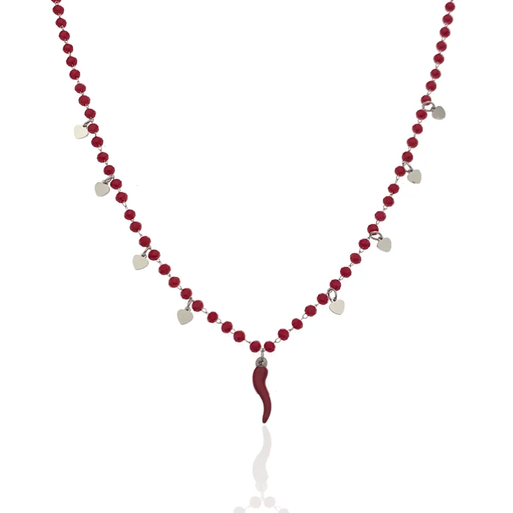 Cristalli Rossi con Cornino e Cuore -Collana Corta in Acciaio - CAC-413-2108