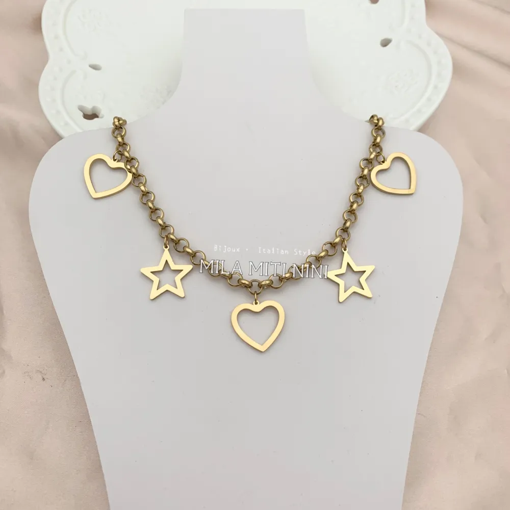 CAC413-2399-Catena Cuore Stella -Collana Corta in Acciaio - CAC413-2399-Catena Cuore Stella -Collana Corta in Acciaio