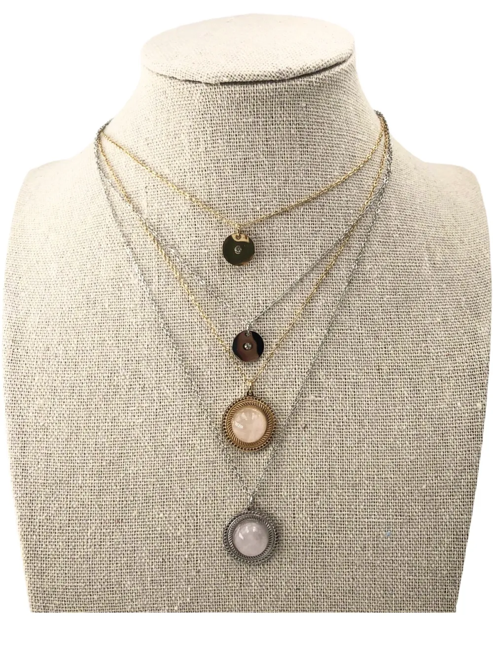 CAC4147-Tondo pietra -Collana Corta doppio filo in Acciaio - CAC4147-Tondo pietra -Collana Corta doppio filo in Acciaio