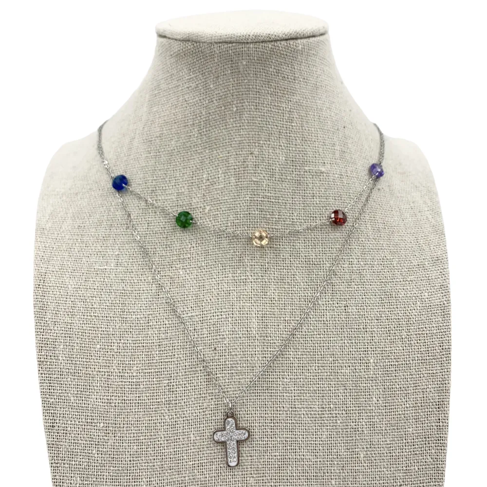 Collana moda multifilo  acciaio e cristallo - CAC5038-Croce e zirconia- Collana Corta Multifilo in Acciaio