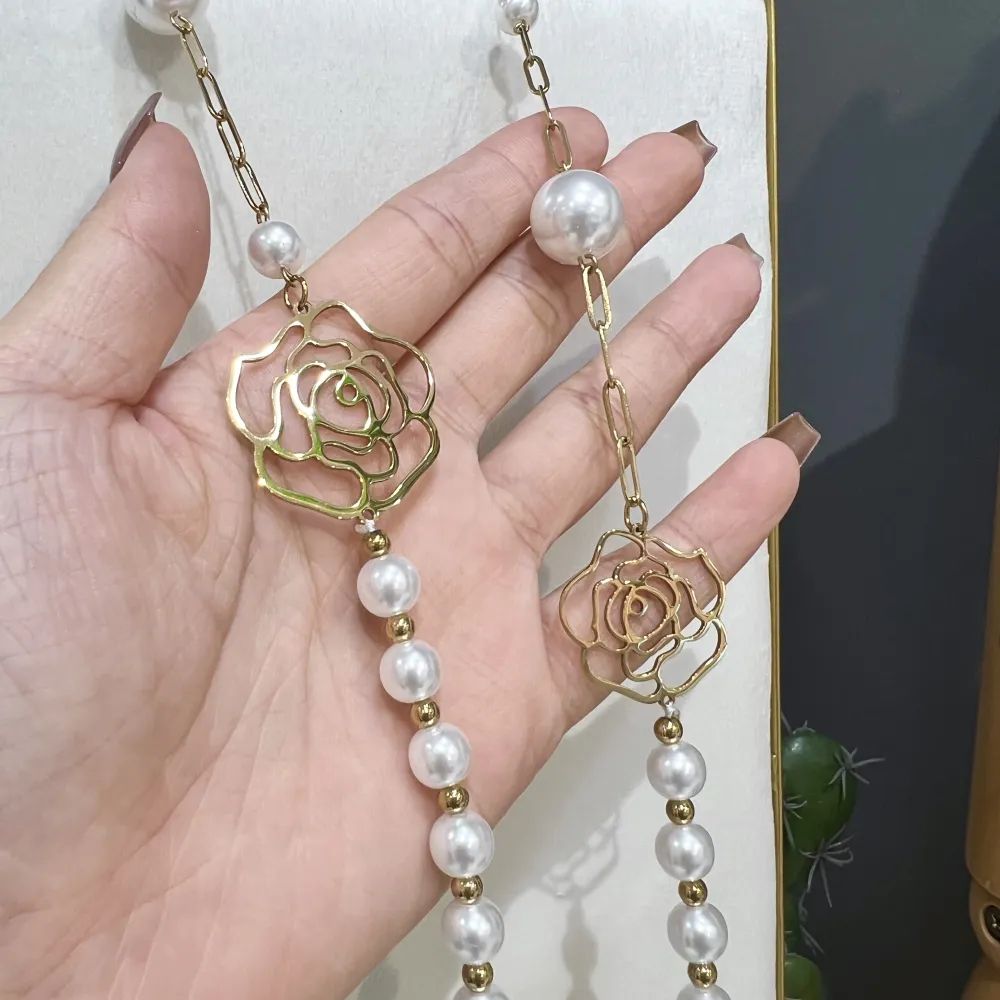 Perla con Fiore-Collana Lunga  in Acciaio - CAL-759-31