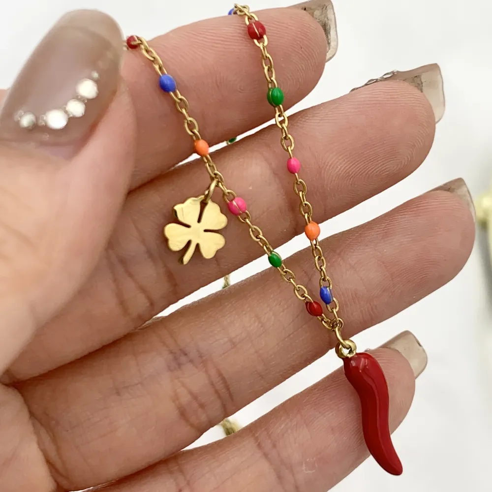 Cornino con Quadrifoglio-24pz Collane in Acciaio - CPA-103-AA3967N 24