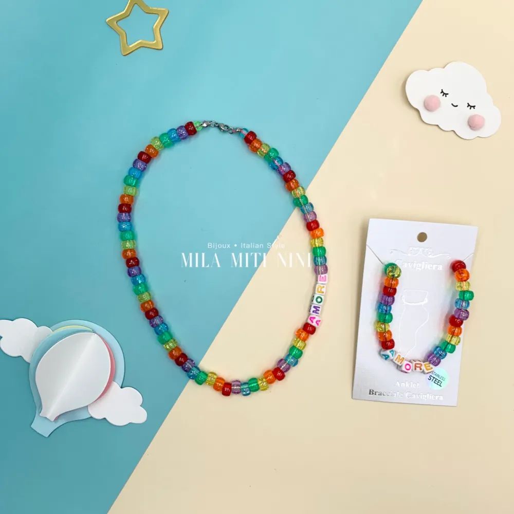 KAV176-425- Perline Colorate AMORE- Cavigliera in Acciaio - KAV-176-425