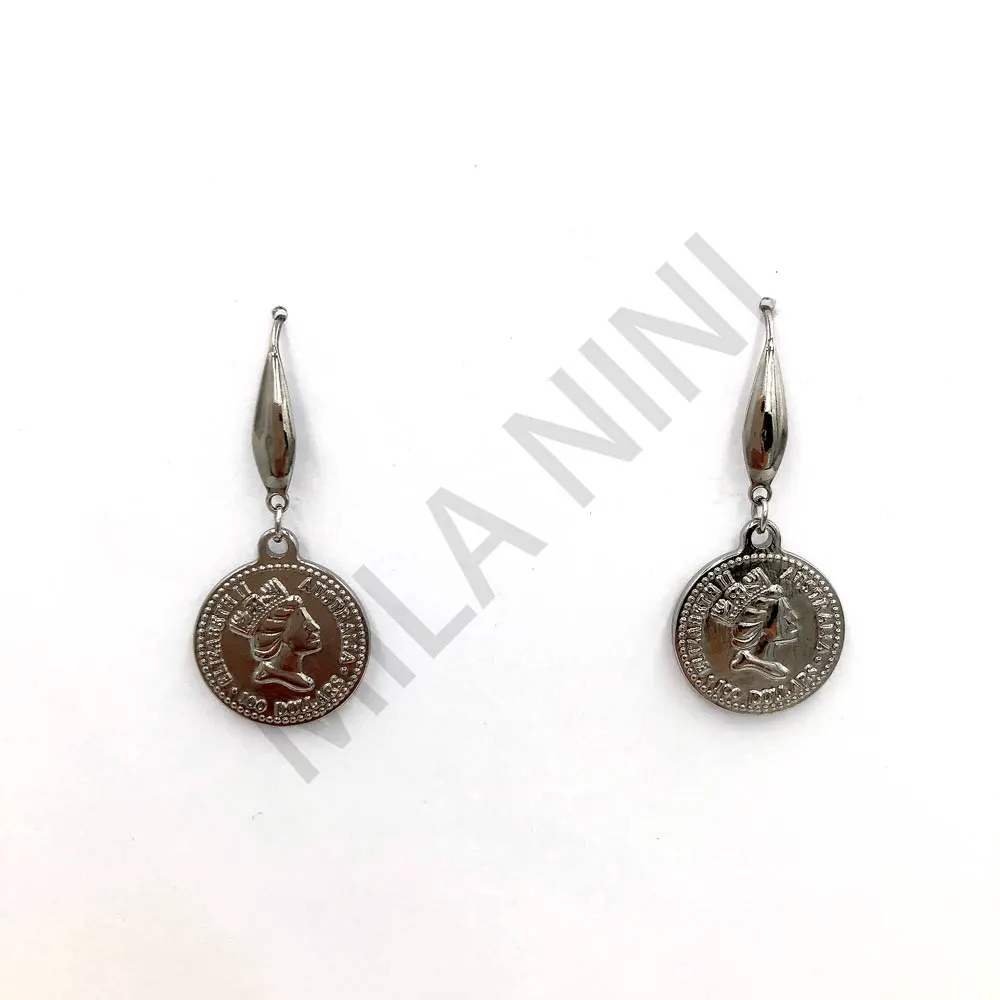 Orecchini pendenti in acciaio tonda - Moneta Regina - Orecchini pendenti in acciaio