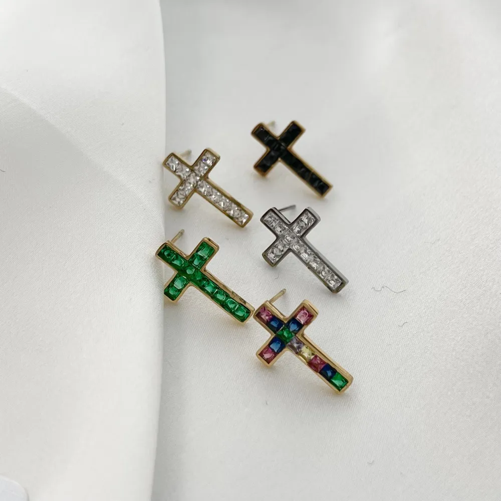 Croce Colorato con Zirconia-Orecchini a Lobo in Acciaio - OAP-103-AA944E