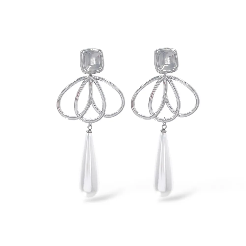 Fiore con Perla Goccia -Orecchini in Acciaio - OAP-413-834