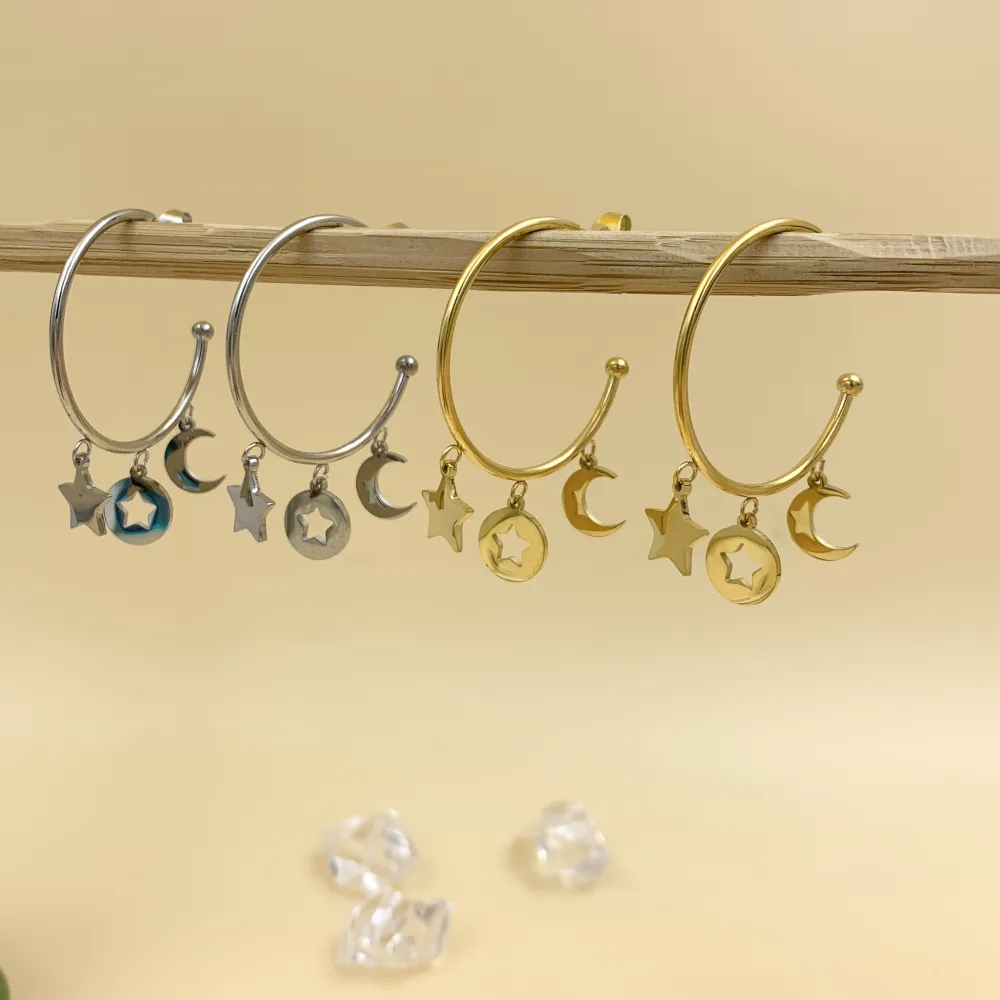 OAP6818-Stella- Orecchini a Cerchio con Pendenti in Acciaio - OAP6818-Stella- Orecchini a Cerchio con Pendenti in Acciaio