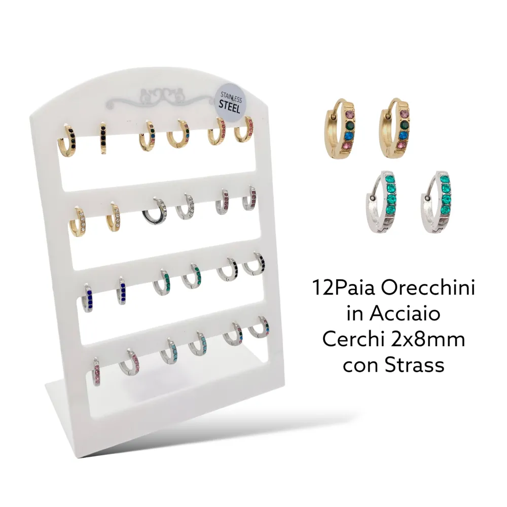 Cerchio 2x8mm con Strass Colorati-12Paia Orecchini in Acciaio - OPA-103-AA2458E 8mm