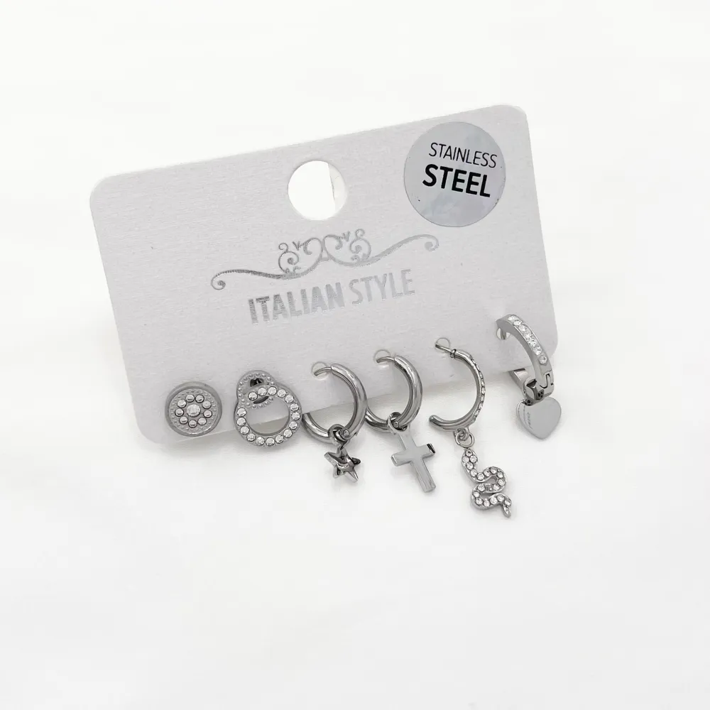 Croce Serpente Stella-Set 6pz Orecchini in Acciaio e Zirconia - OPA-103-AA531E