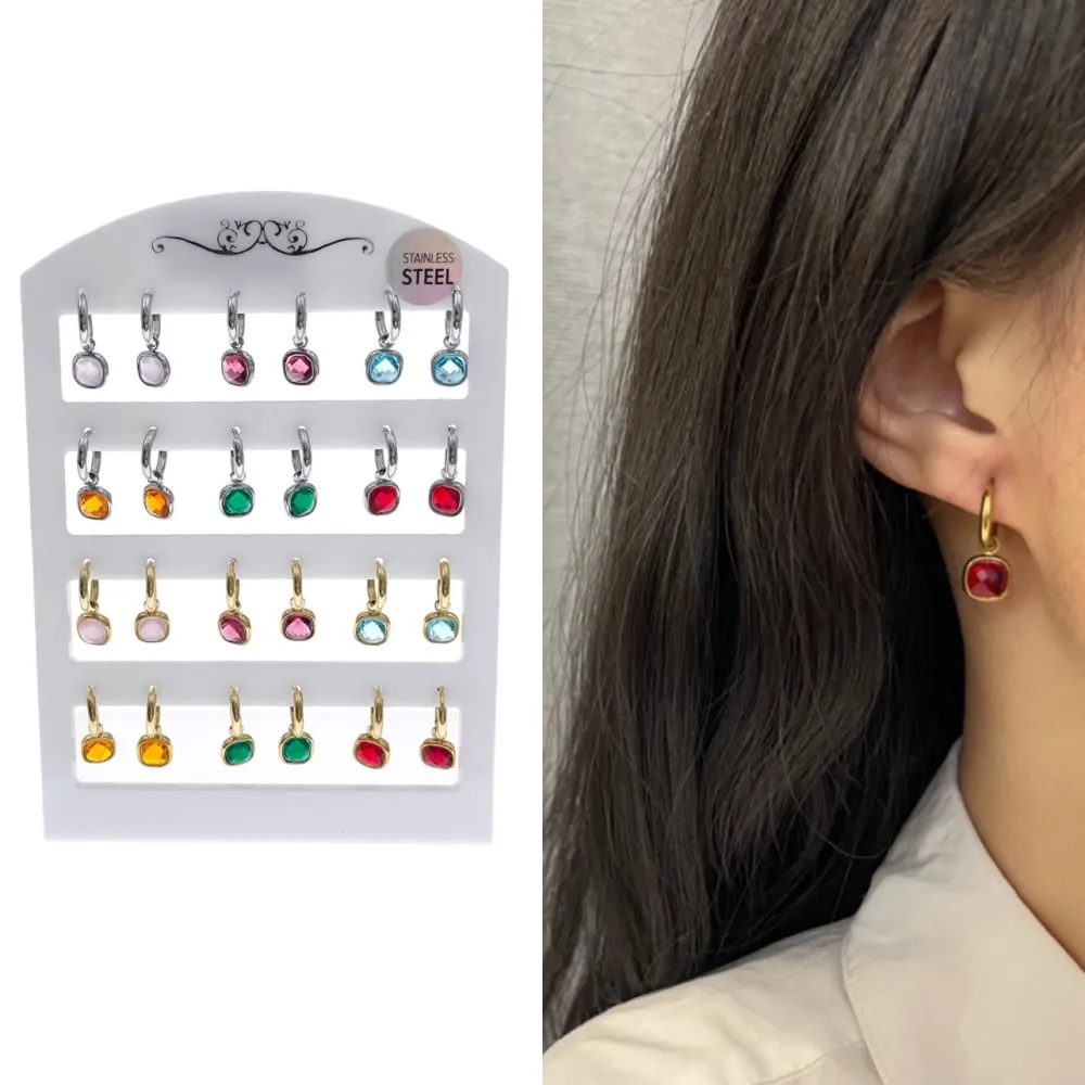 Cerchio con Piedtra Quadrata-12Paia Orecchini in Acciaio - OPA103-AA70E