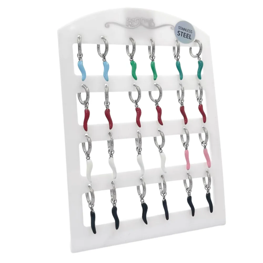 Cerchio con Cornino Colorato-12 Paia Orecchini in Acciaio - OPA-450-291