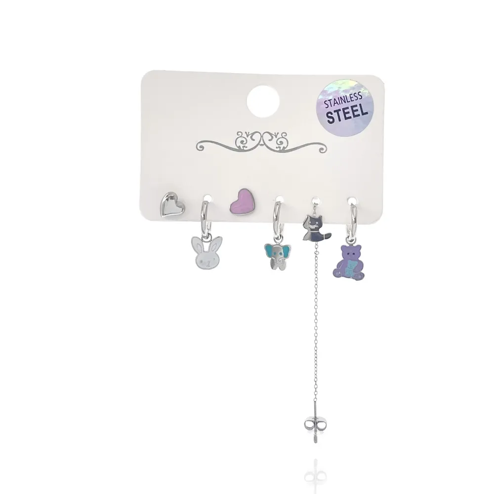 Orsetto Elefantino Coniglio Smaltato-Set 6pz Orecchini in Acciaio - OPA-736-12
