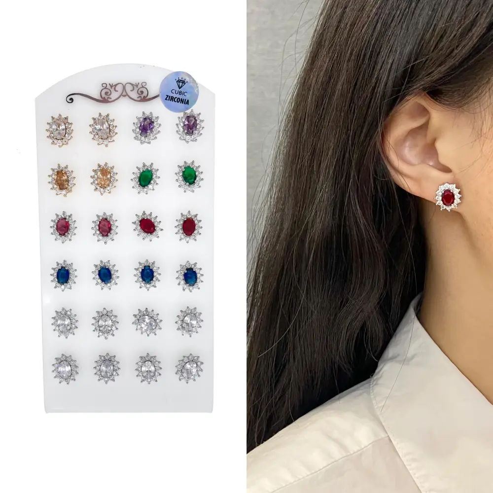 Ovale Colorato-12Paia Orecchini con Zirconia - OPM103-01