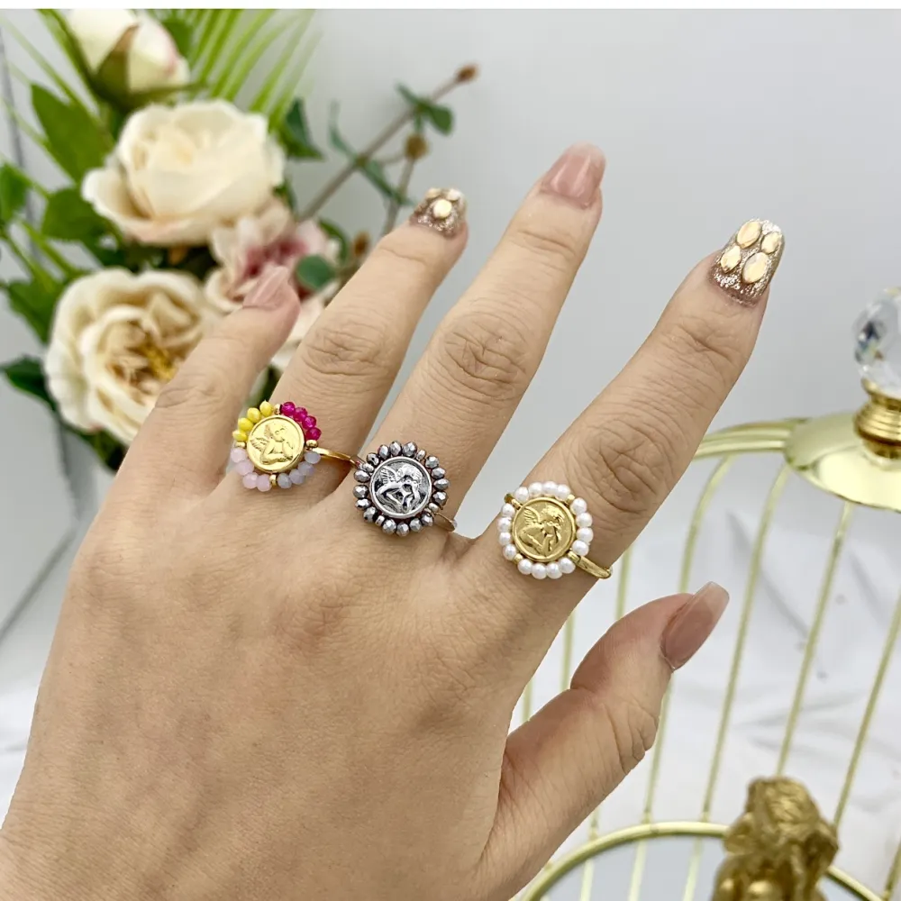 Angelo con Cristalli-36pz Anelli Regolabili in Acciaio - AAR-103-AA2711R