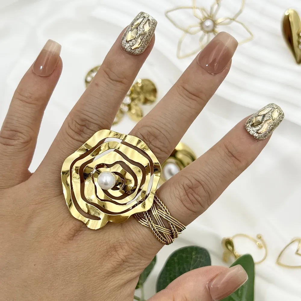 Fiore Grande con Perla-Anello Regolabile in Acciaio - AAR-759-06