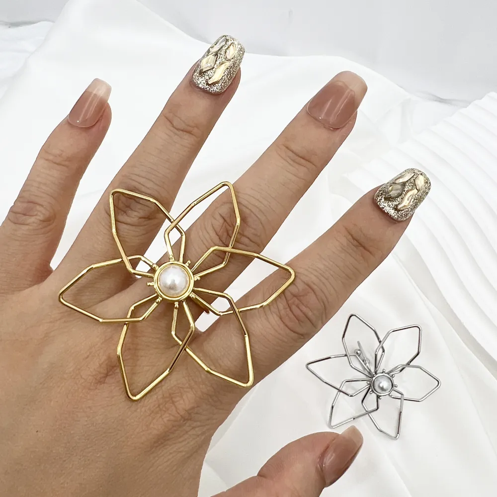 Fiore Grande con Perla-Anello Regolabile in Acciaio - AAR-759-07