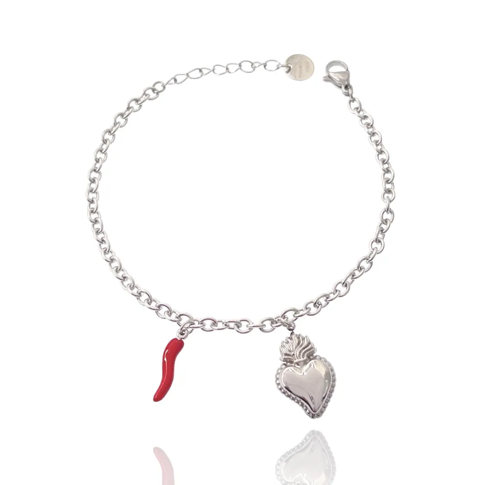 Sacro Cuore con Cornino-Bracciale in Acciaio con Chiusura - BAC-103-AA2860B