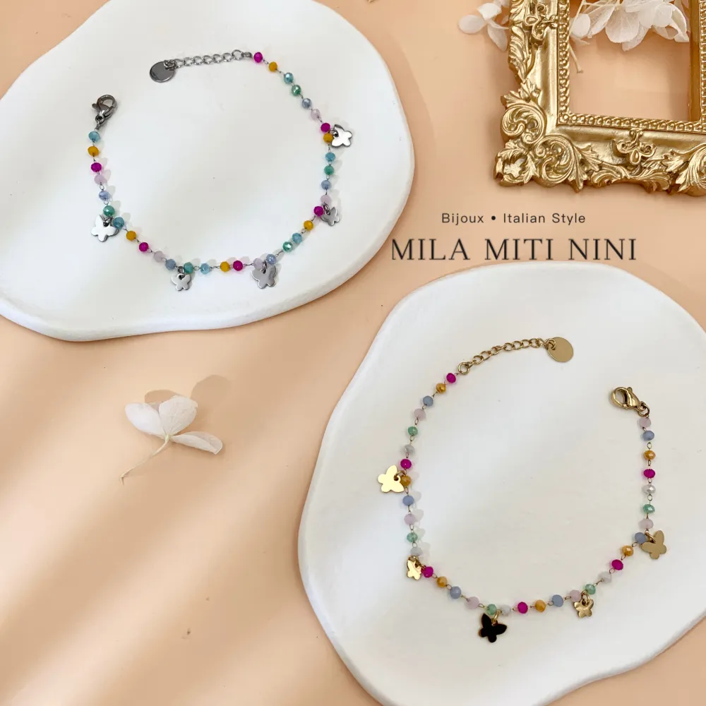Perline Colorate con Farfalla-Bracciale in Acciaio con Chiusura - BAC-103-AA415B