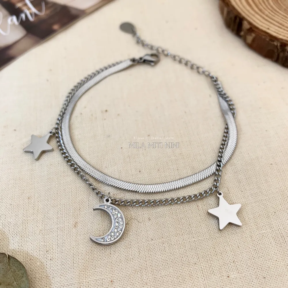 BAC413-1356-Doppio Serpente stella Luna-Bracciale in Acciaio - BAC413-1252