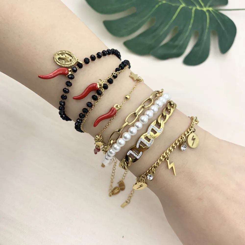 Perla e Catena-Bracciale in Acciaio con Chiusura - BAC-413-2058