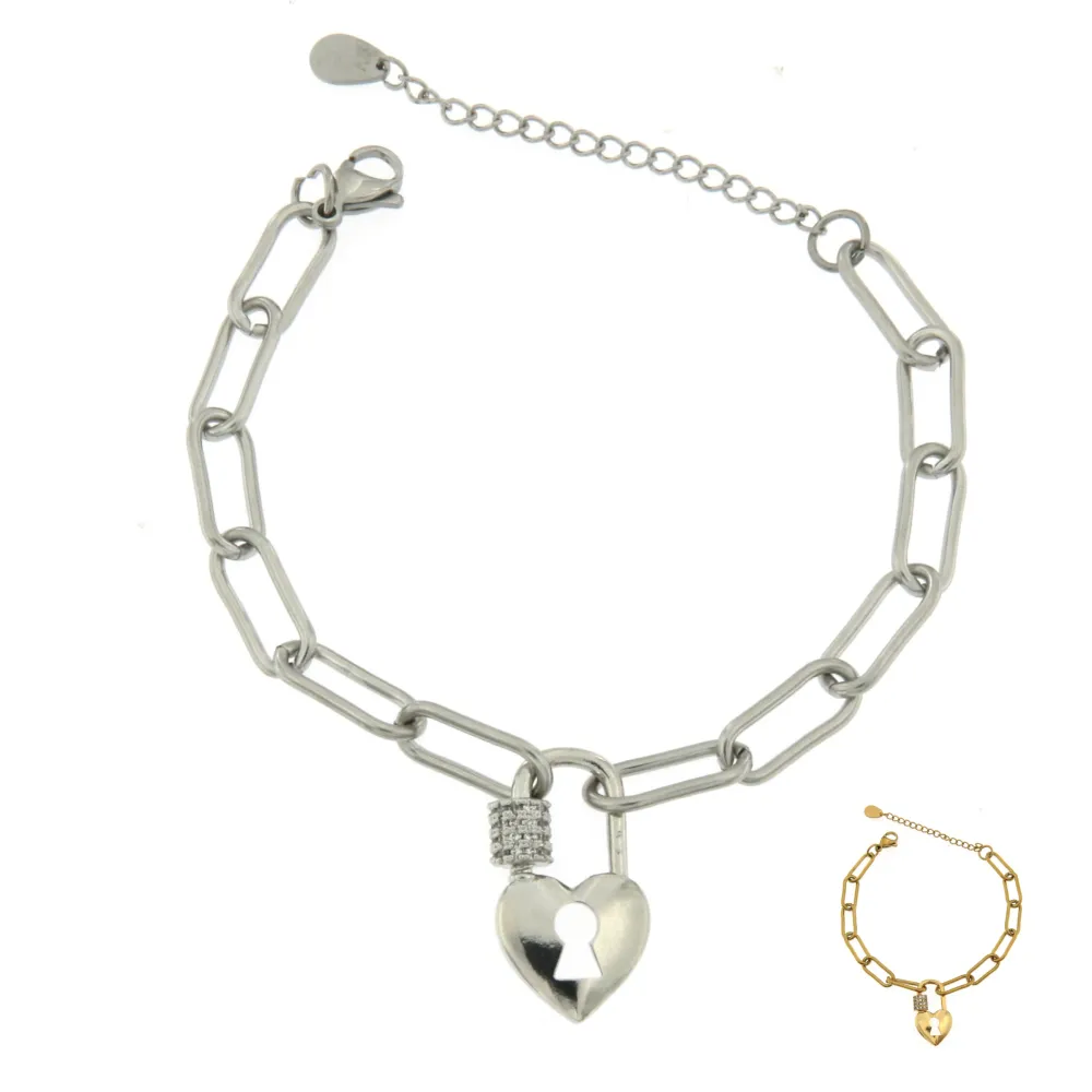 BAC7068-Cuore Lucchetto Zirconia-Bracciale in Acciaio - BAC7068-Cuore Lucchetto Zirconia-Bracciale in Acciaio