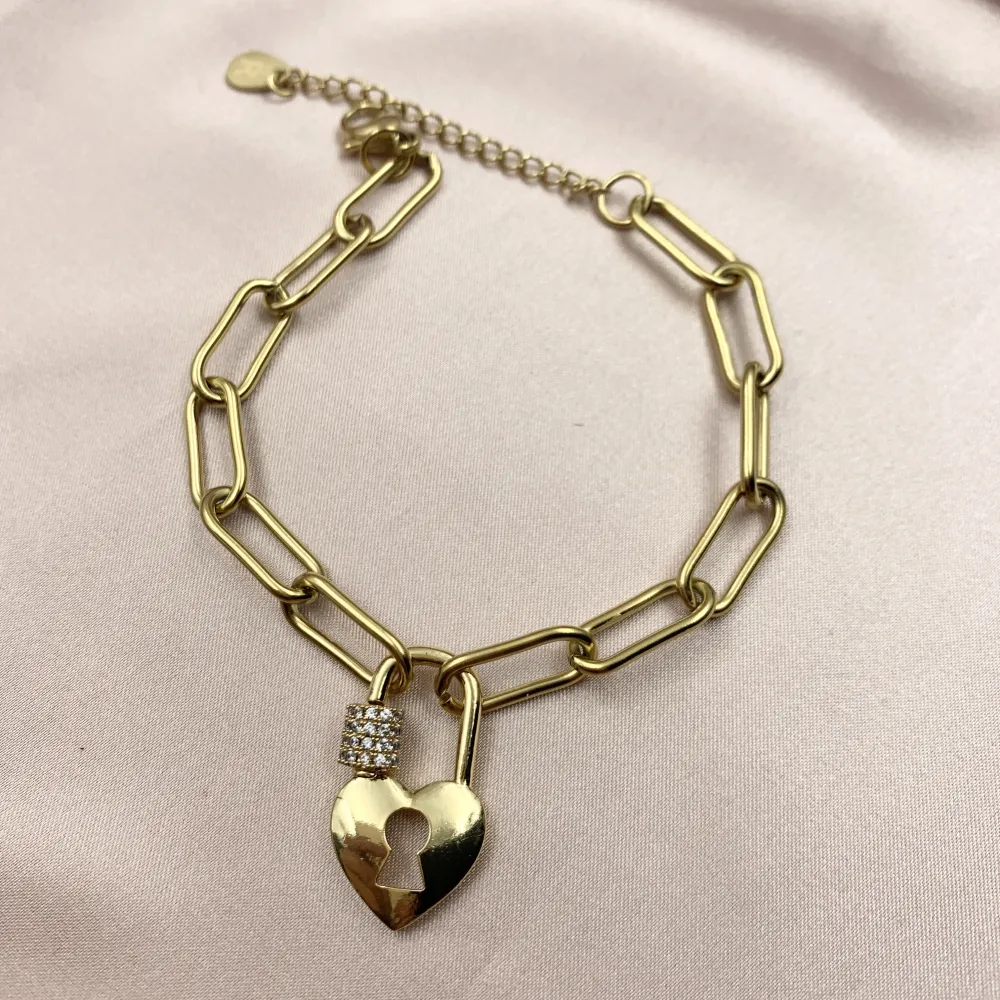 BAC7068-Cuore Lucchetto Zirconia-Bracciale in Acciaio - BAC7068-Cuore Lucchetto Zirconia-Bracciale in Acciaio