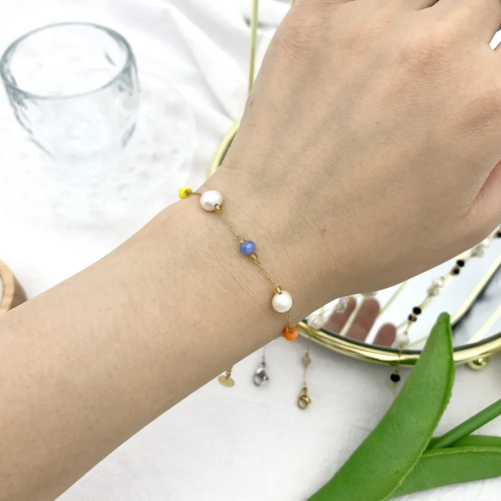 Semplice Perla di Fiume e Cristalli-Bracciale in Acciaio - BAC-732-37