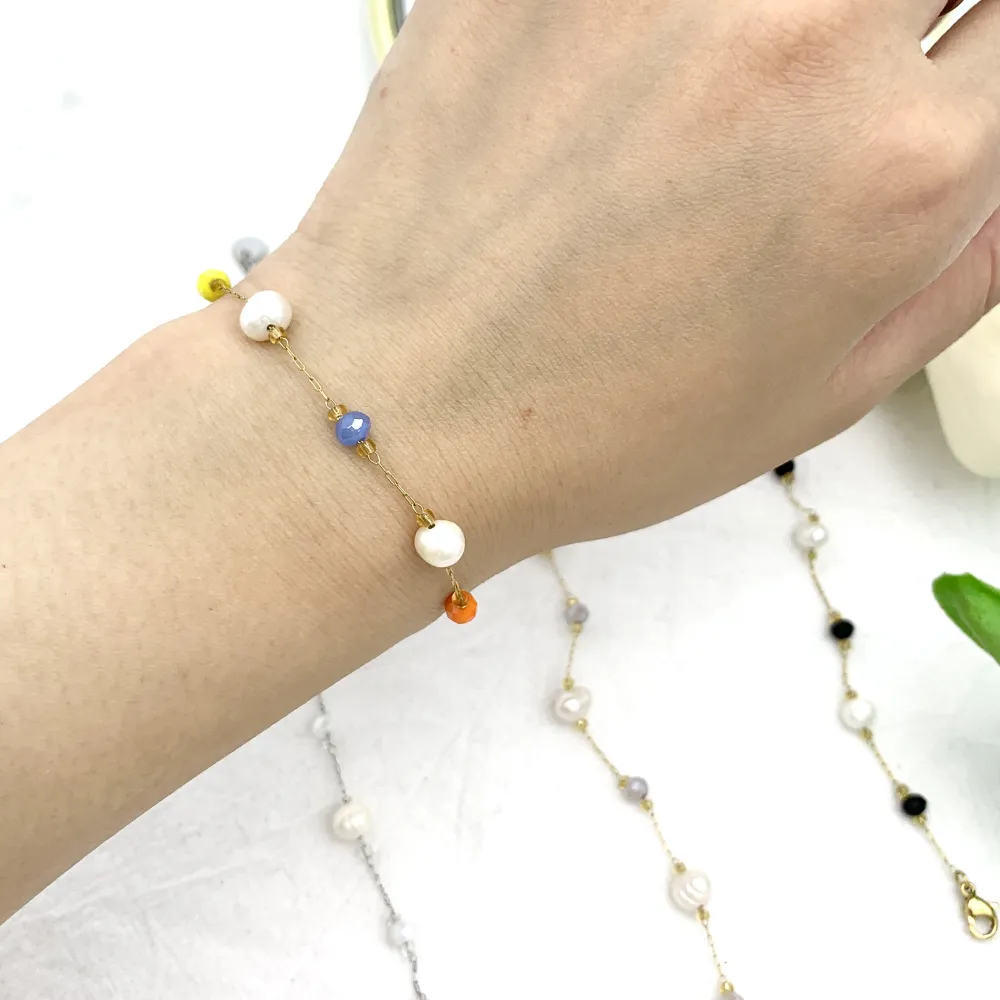 Semplice Perla di Fiume e Cristalli-Bracciale in Acciaio - BAC-732-37