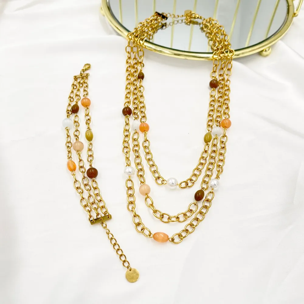 Catena a Tre fili con Perline-Bracciale in Acciaio - BAC-765-24