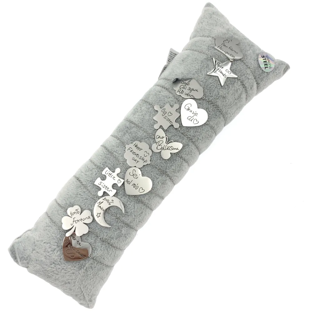 12Pz Bracciali in Acciaio con Chiusura a Moschettone + Cuscino - BPA7651-Scritte-12 Pz Bracciali in Acciaio