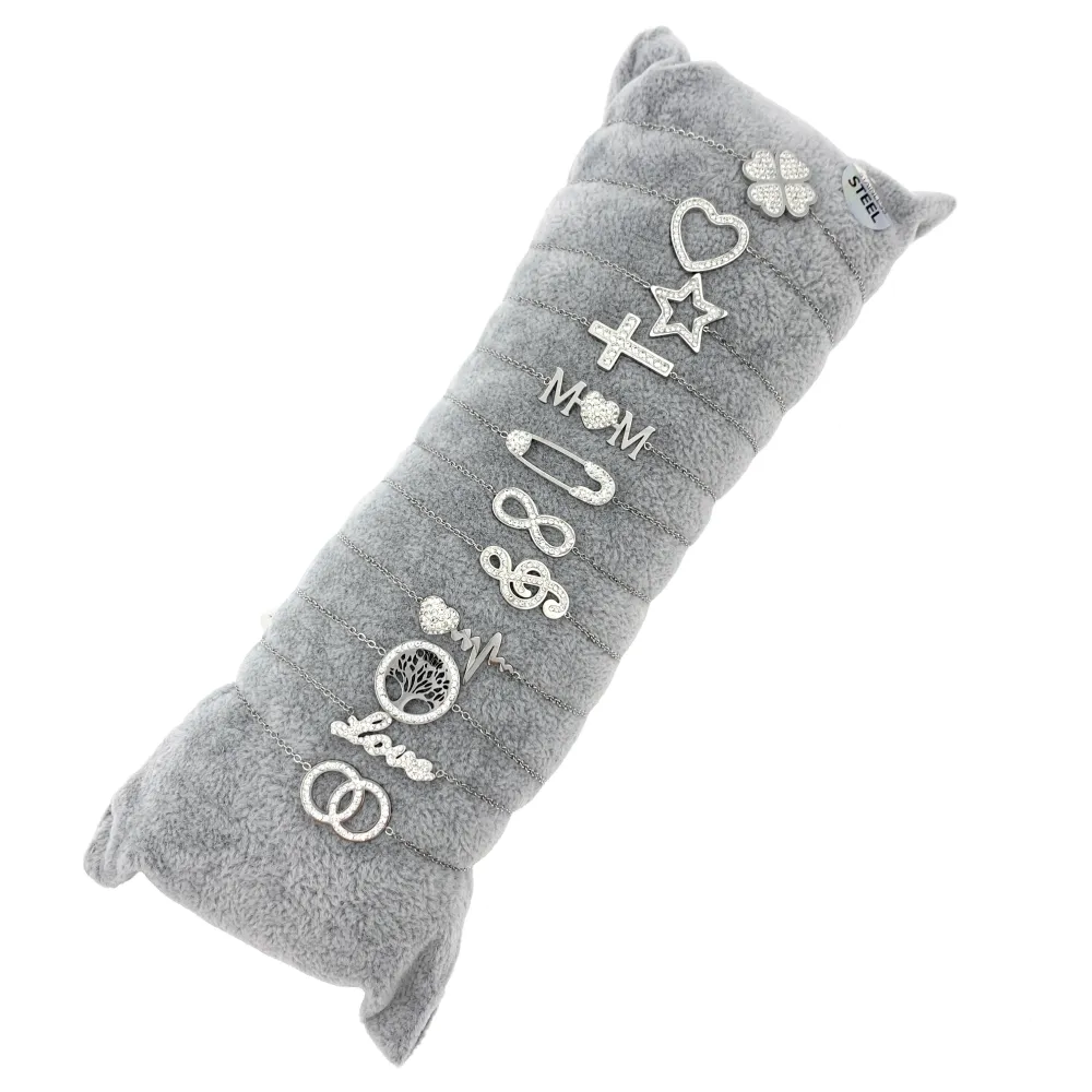 12Pz Bracciali in Acciaio con Chiusura a Moschettone + Cuscino - BPA7653-Soggetti Mix con Strass-12 Pz Bracciali in Acciaio