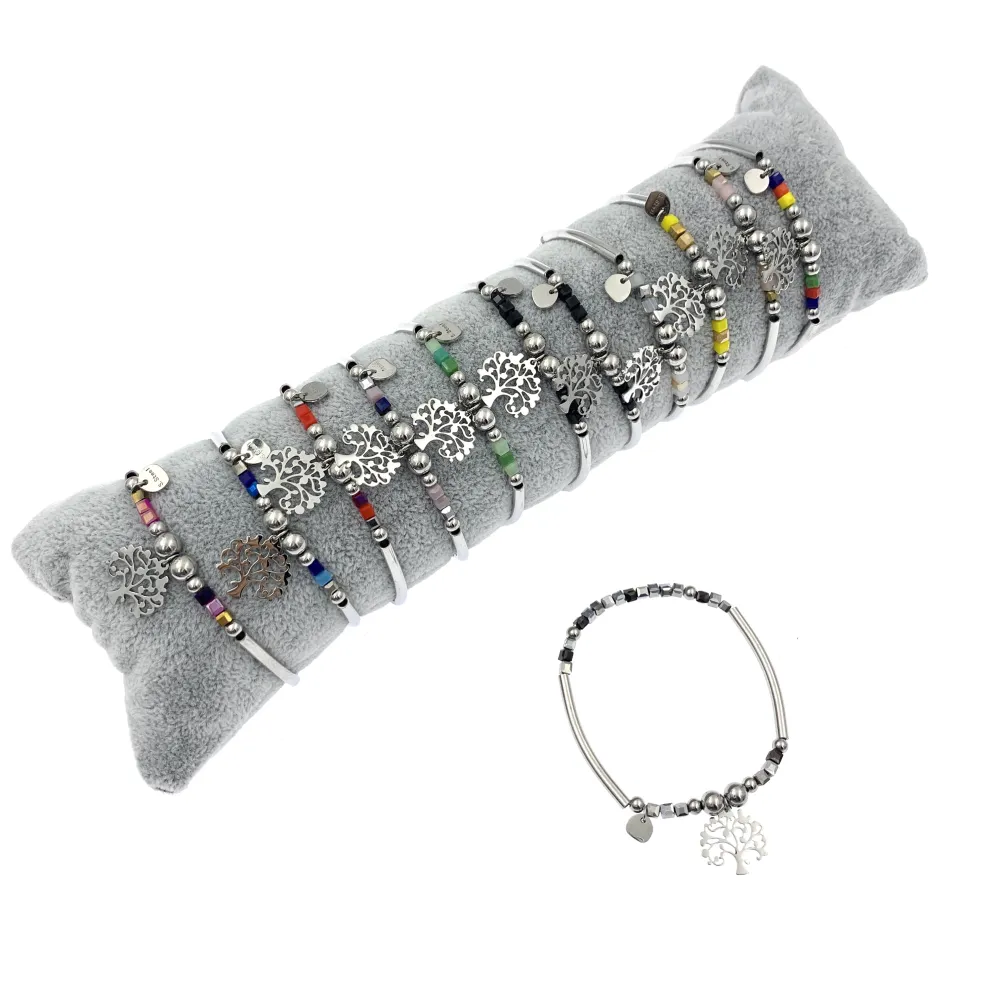 12Pz Bracciali Elastici in Acciaio+Cuscino in Omaggio - BPA7673-Albero della Vita-12 Pz Bracciali in Acciaio