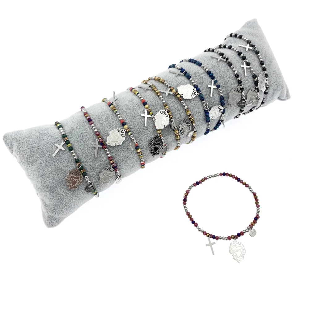 12Pz Bracciali Elastici in Acciaio+Cuscino in Omaggio - BPA7674-Croce Sacro Cuore-12 Pz Bracciali in Acciaio