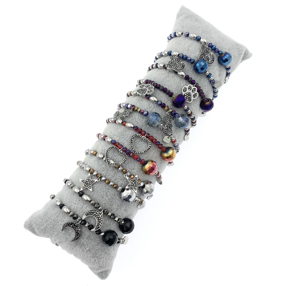 12Pz Bracciali Elastici in Acciaio+Cuscino in Omaggio - BPA7679-Mix Soggetti con Strass-12 Pz Bracciali in Acciaio