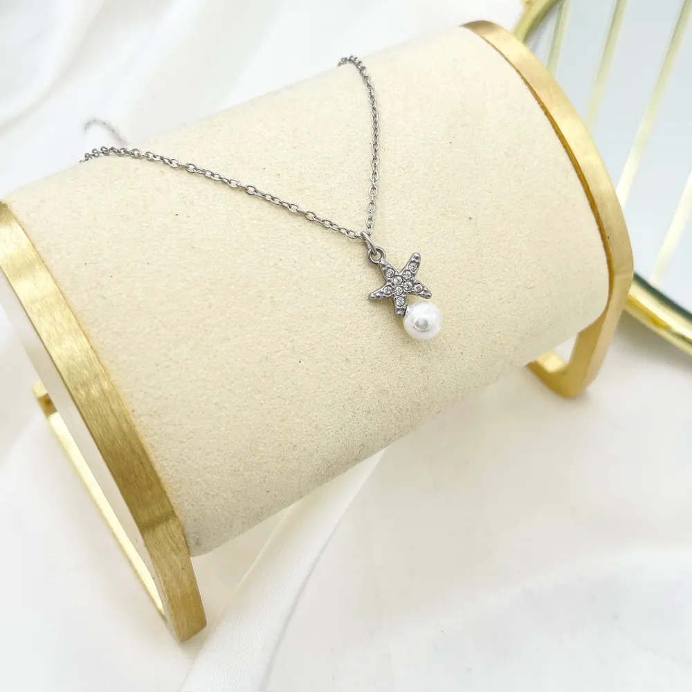 Stella Marina con Perla-Collana Girocollo in Acciaio - CAC-103-5057N