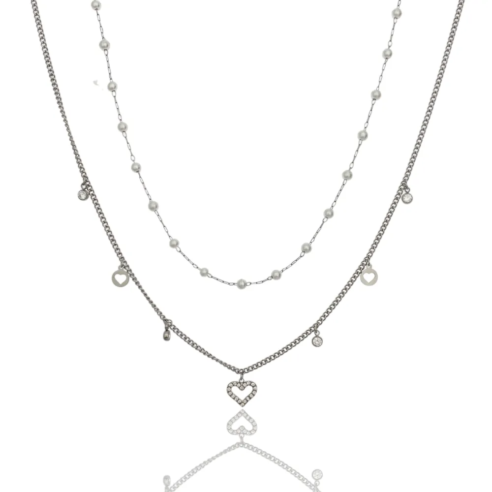 Doppio Perla e Cuore-Collana Corta in Acciaio - CAC-103-AA1163N