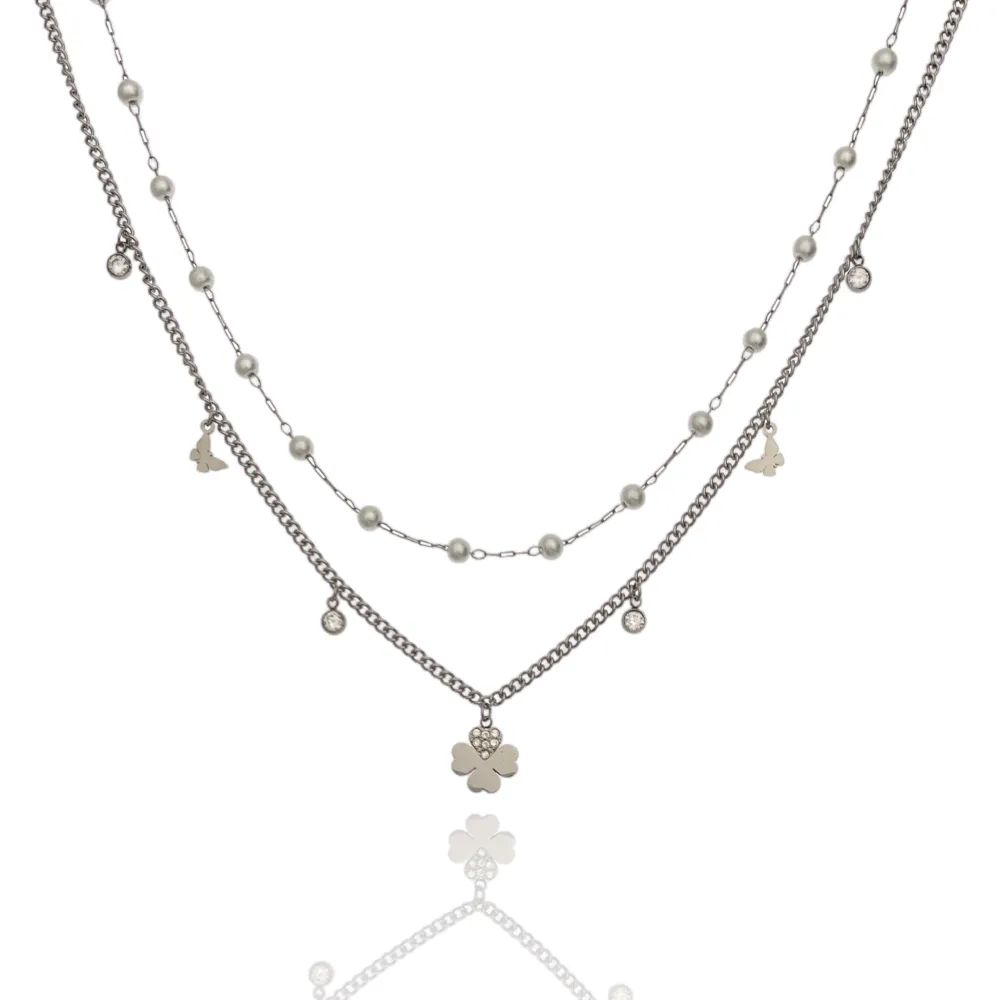 Doppio Perla e Quadrifoglio-Collana Corta in Acciaio - CAC-103-AA1165N