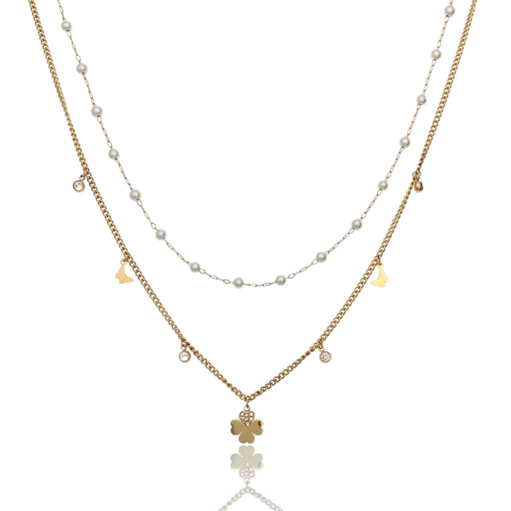 Doppio Perla e Quadrifoglio-Collana Corta in Acciaio - CAC-103-AA1165N