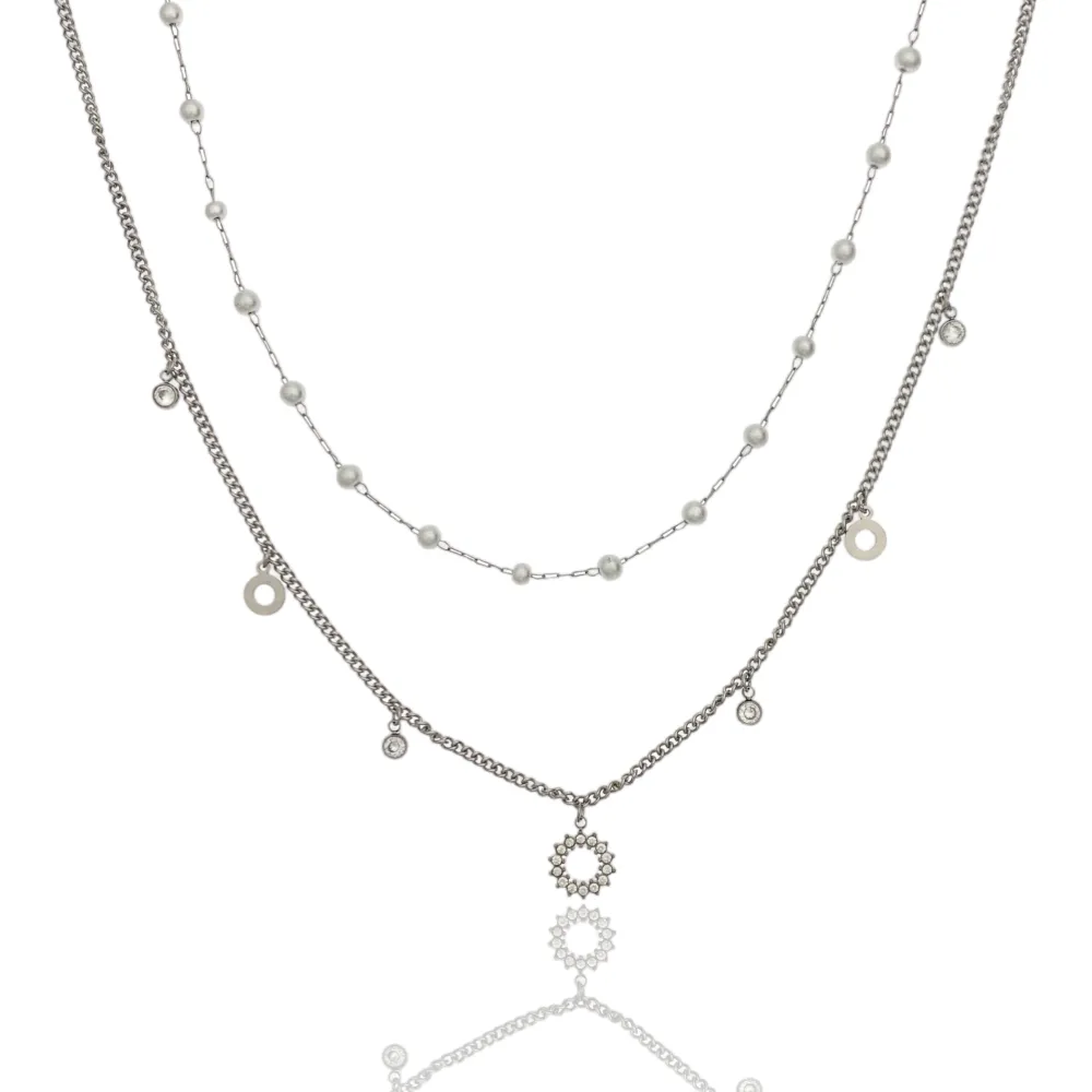 Doppio Perla e Cerchio-Collana Corta in Acciaio - CAC-103-AA1167N