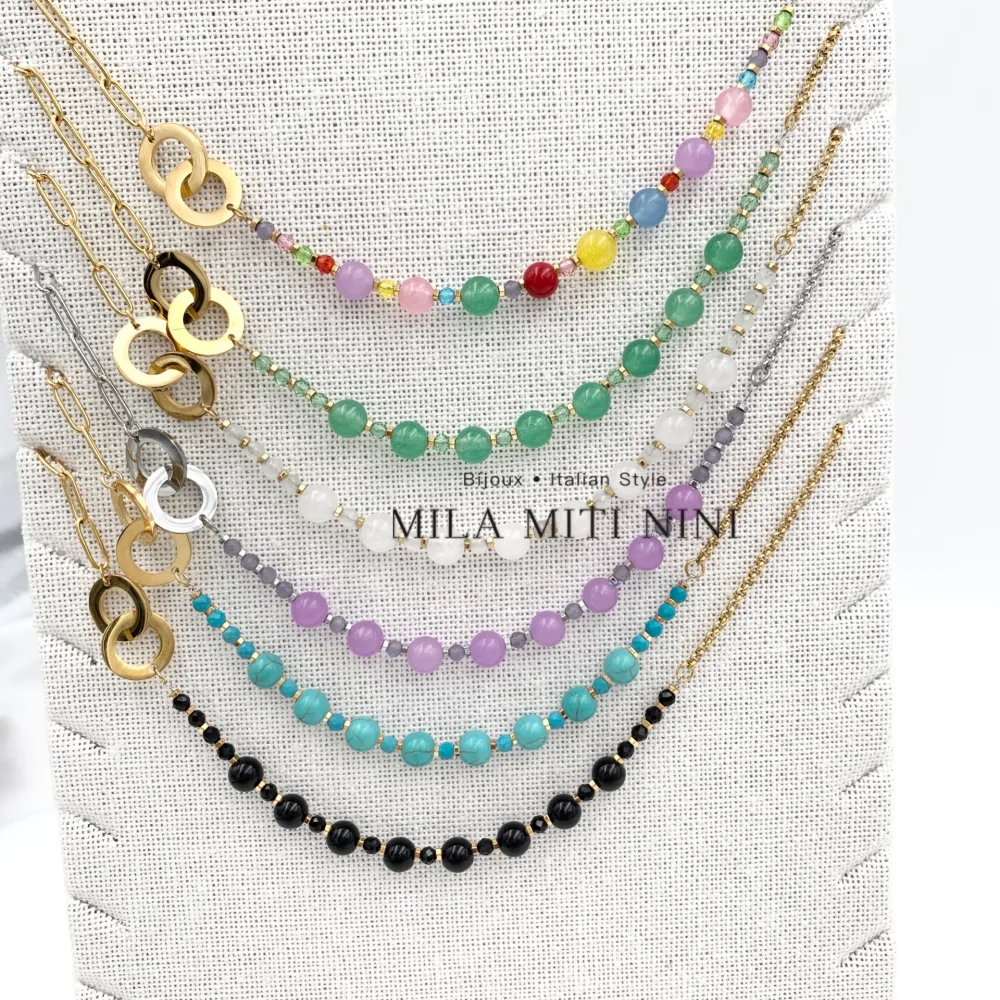 Pietre Colorate Doppio Cerchio-Collana Corta in Acciaio - CAC-103-AA149N